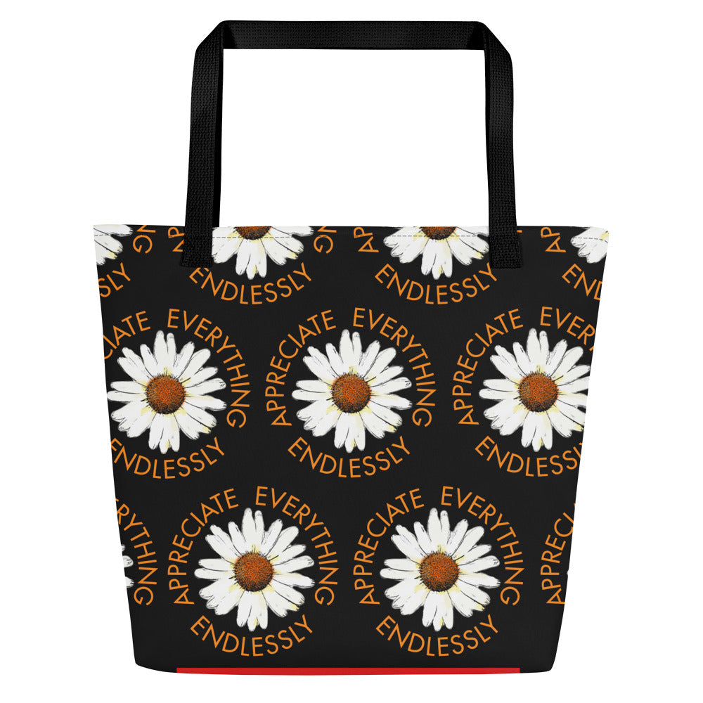 Appreciate Everything Endlessly Daisy Print Large Tote Bag Black ShopArtReportToday