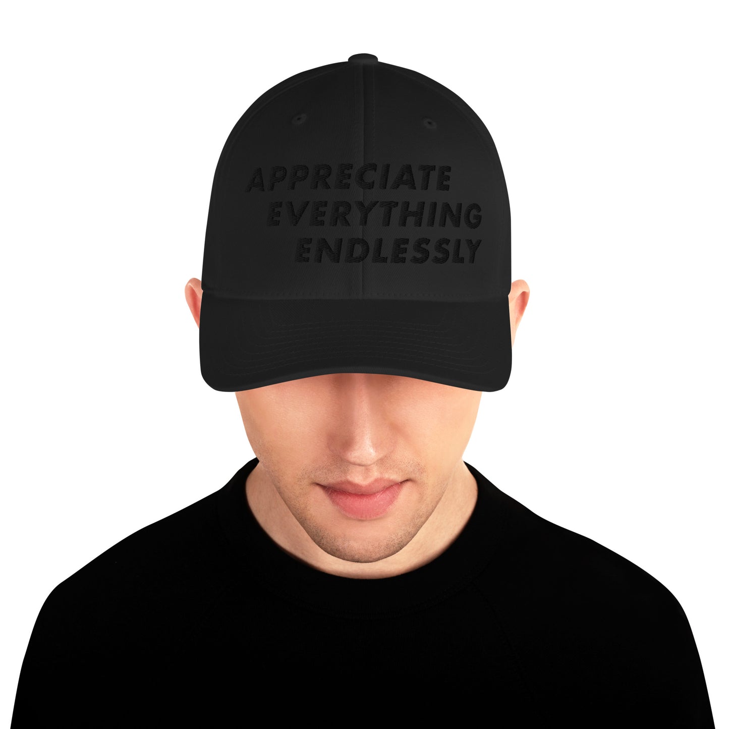 'Appreciate Everything Endlessly' 3-D Puff Embroidery, Monochromatic Embroidered Cap, Black