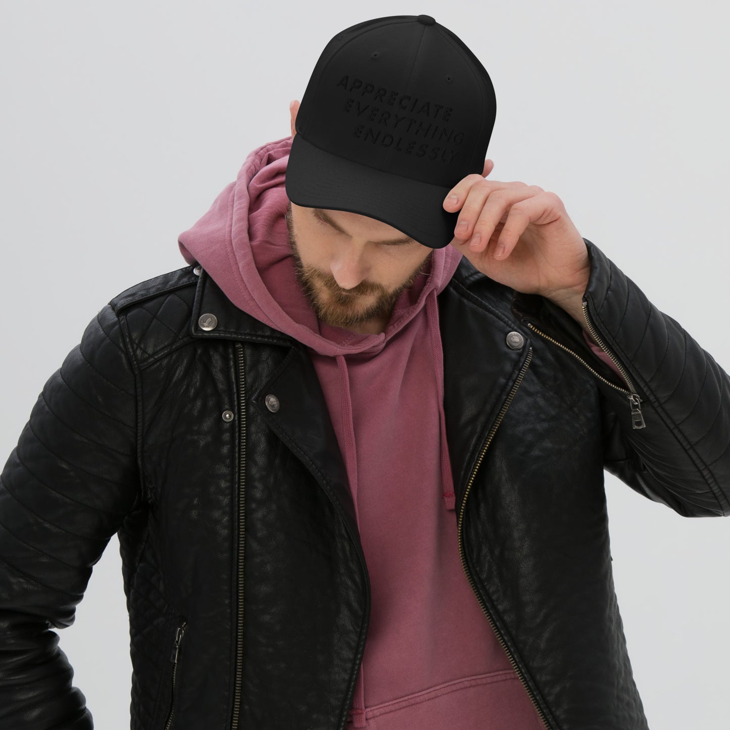 'Appreciate Everything Endlessly' 3-D Puff Embroidery, Monochromatic Embroidered Cap, Black