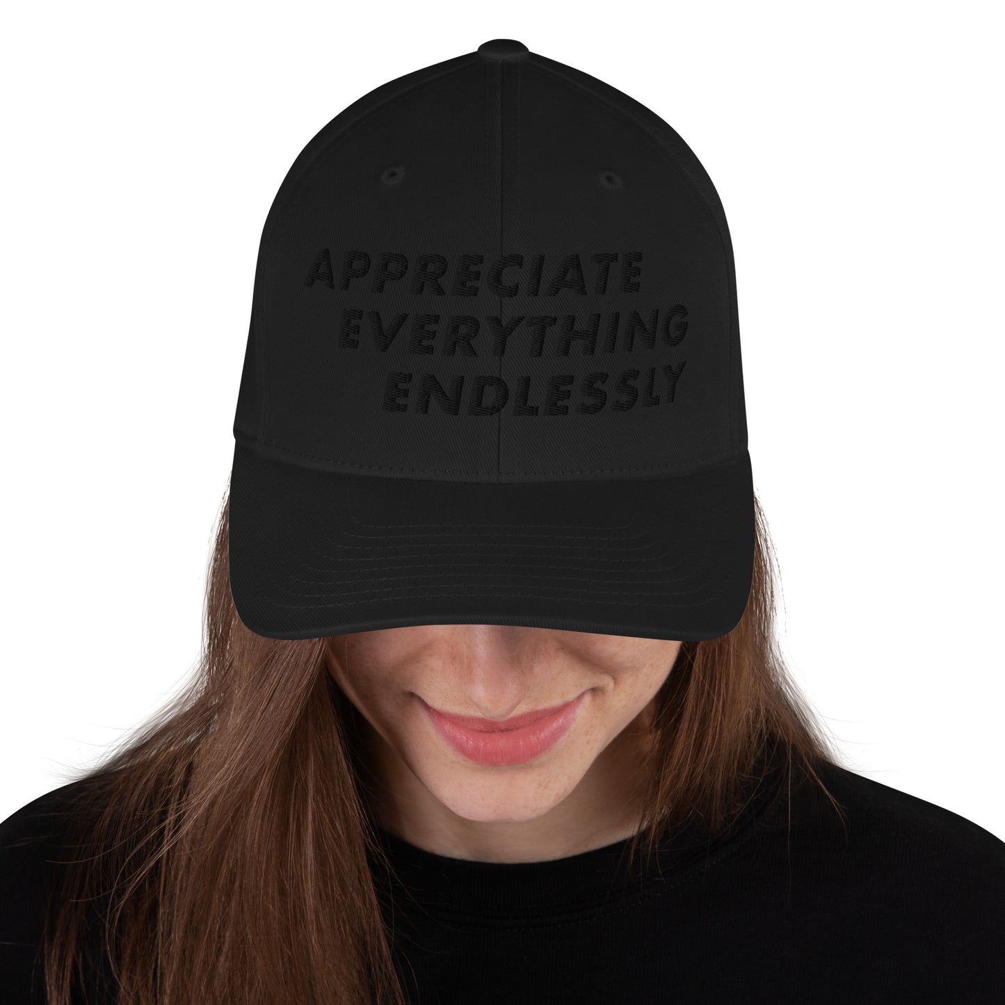 'Appreciate Everything Endlessly' 3-D Puff Embroidery, Monochromatic Embroidered Cap, Black