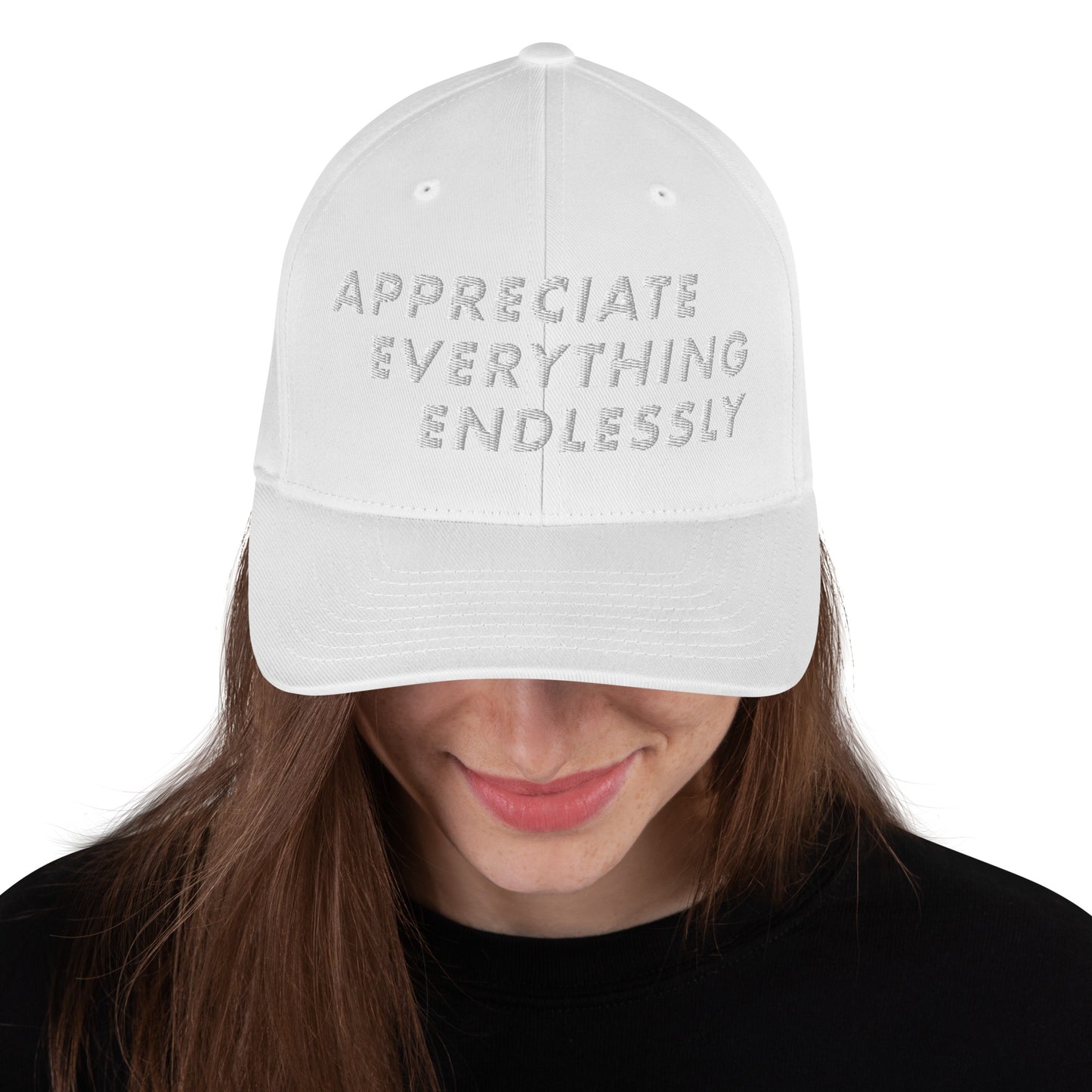 'Appreciate Everything Endlessly' 3-D Puff Embroidery, Monochromatic Embroidered Cap, White