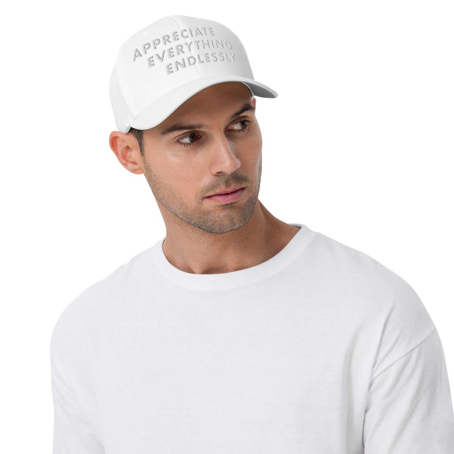 'Appreciate Everything Endlessly' 3-D Puff Embroidery, Monochromatic Embroidered Cap, White
