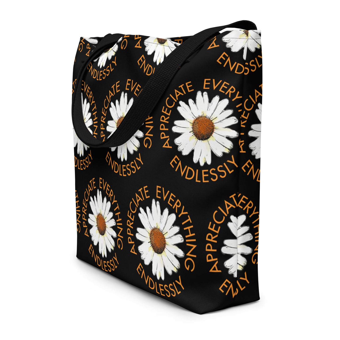 'Appreciate Everything Endlessly' Daisy Print Large Tote Bag, Black