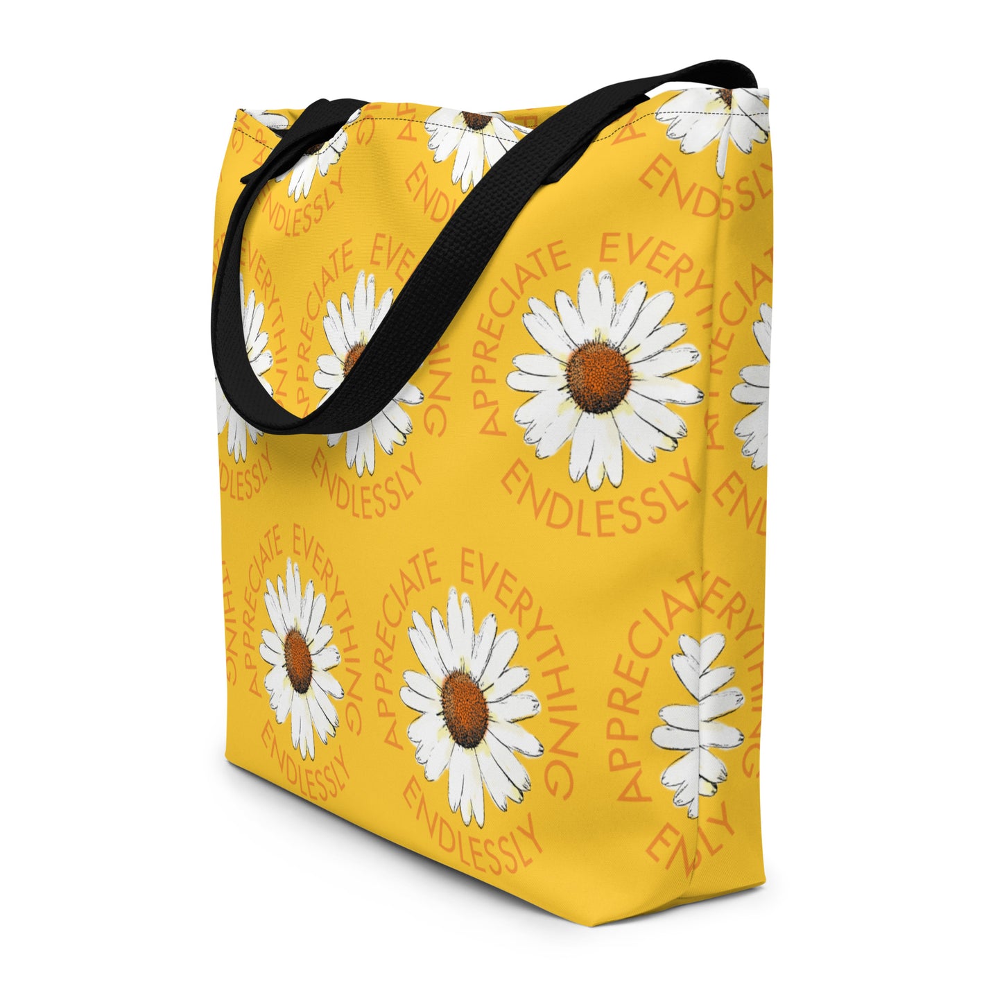 'Appreciate Everything Endlessly' Daisy Print Large Tote Bag, Yellow