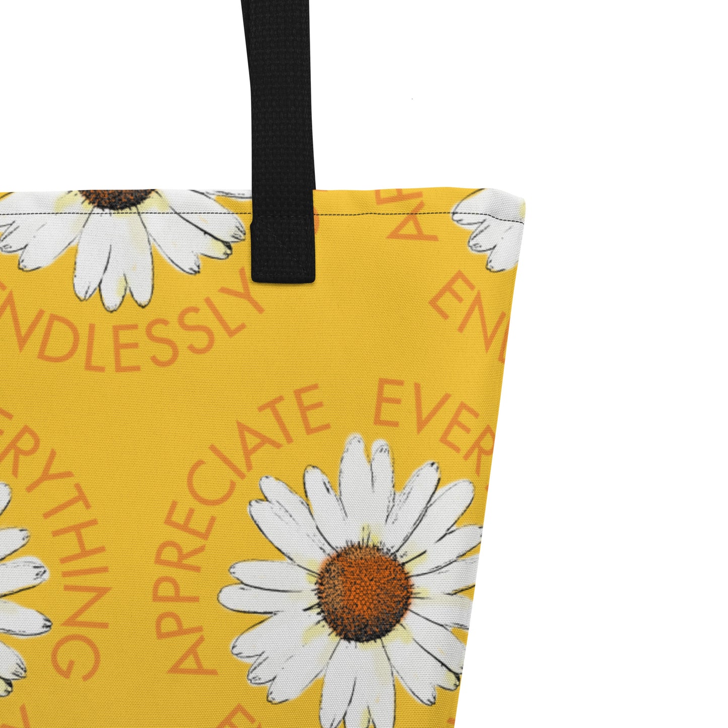 'Appreciate Everything Endlessly' Daisy Print Large Tote Bag, Yellow