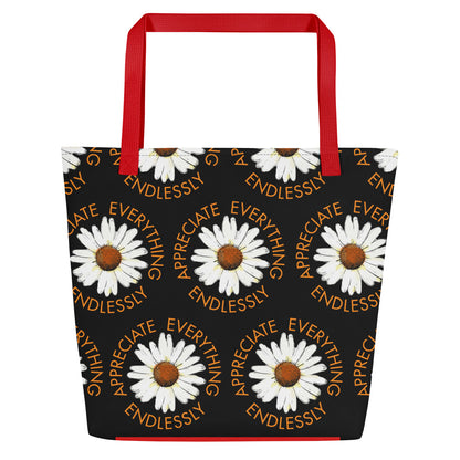 'Appreciate Everything Endlessly' Daisy Print Large Tote Bag, Black