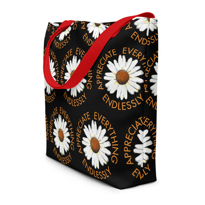 'Appreciate Everything Endlessly' Daisy Print Large Tote Bag, Black