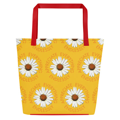 'Appreciate Everything Endlessly' Daisy Print Large Tote Bag, Yellow