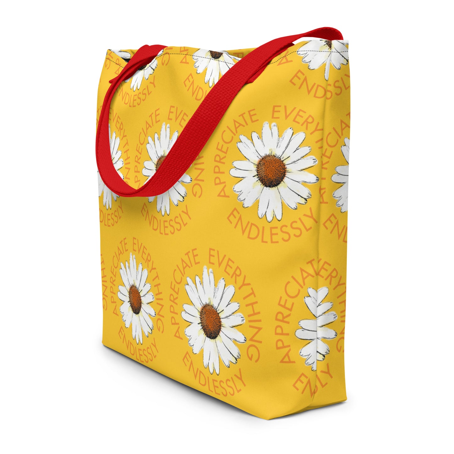 'Appreciate Everything Endlessly' Daisy Print Large Tote Bag, Yellow