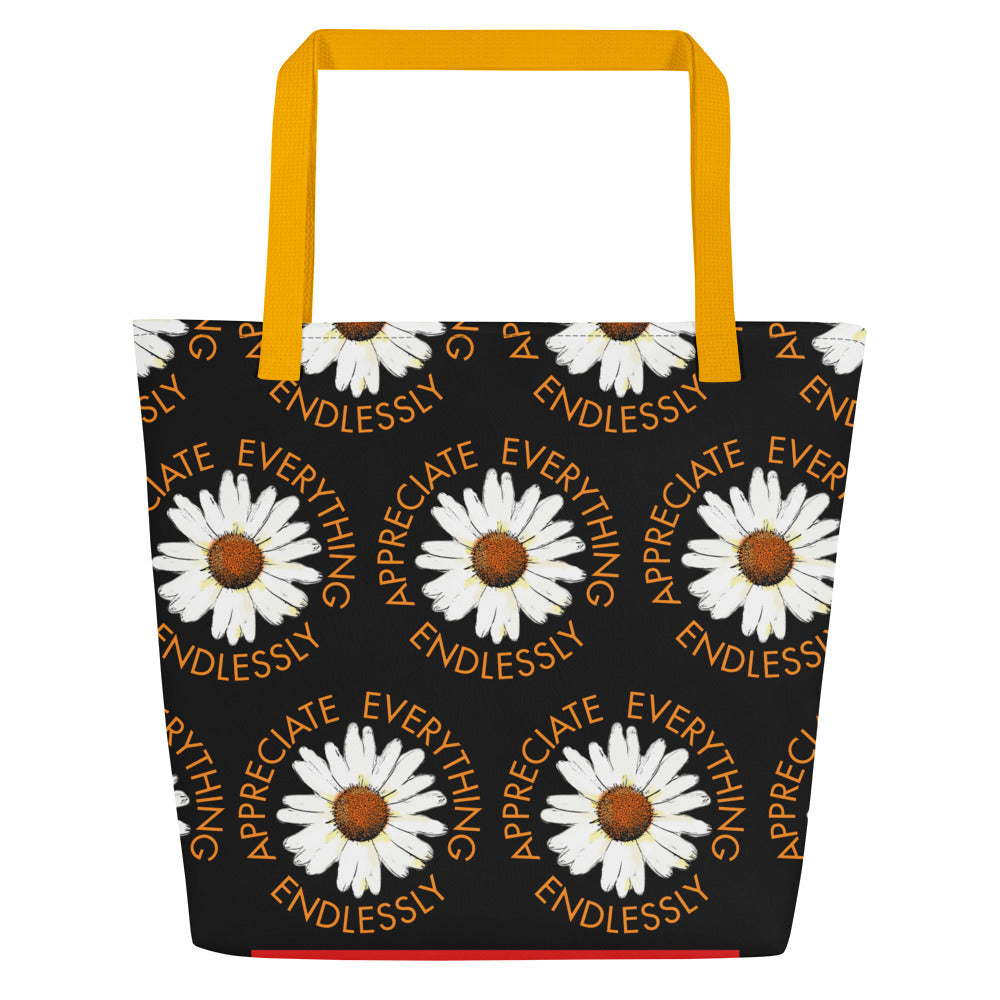 'Appreciate Everything Endlessly' Daisy Print Large Tote Bag, Black