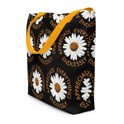 'Appreciate Everything Endlessly' Daisy Print Large Tote Bag, Black