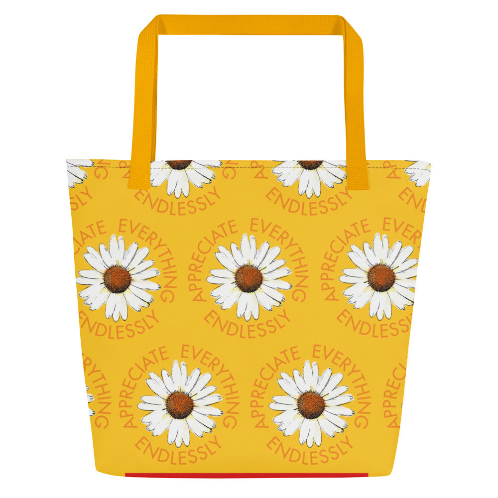 'Appreciate Everything Endlessly' Daisy Print Large Tote Bag, Yellow