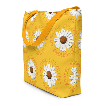 'Appreciate Everything Endlessly' Daisy Print Large Tote Bag, Yellow