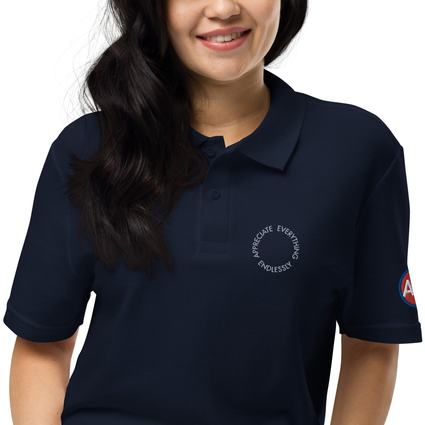 'Appreciate Everything Endlessly' Unisex Pique Polo Shirt, Embroidered