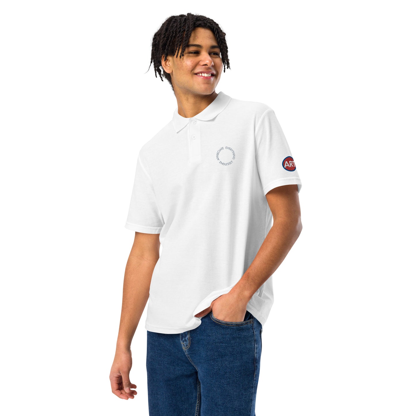 'Appreciate Everything Endlessly' Unisex Pique Polo Shirt, Embroidered