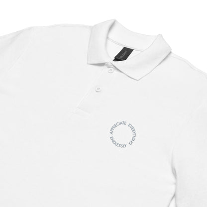 'Appreciate Everything Endlessly' Unisex Pique Polo Shirt, Embroidered