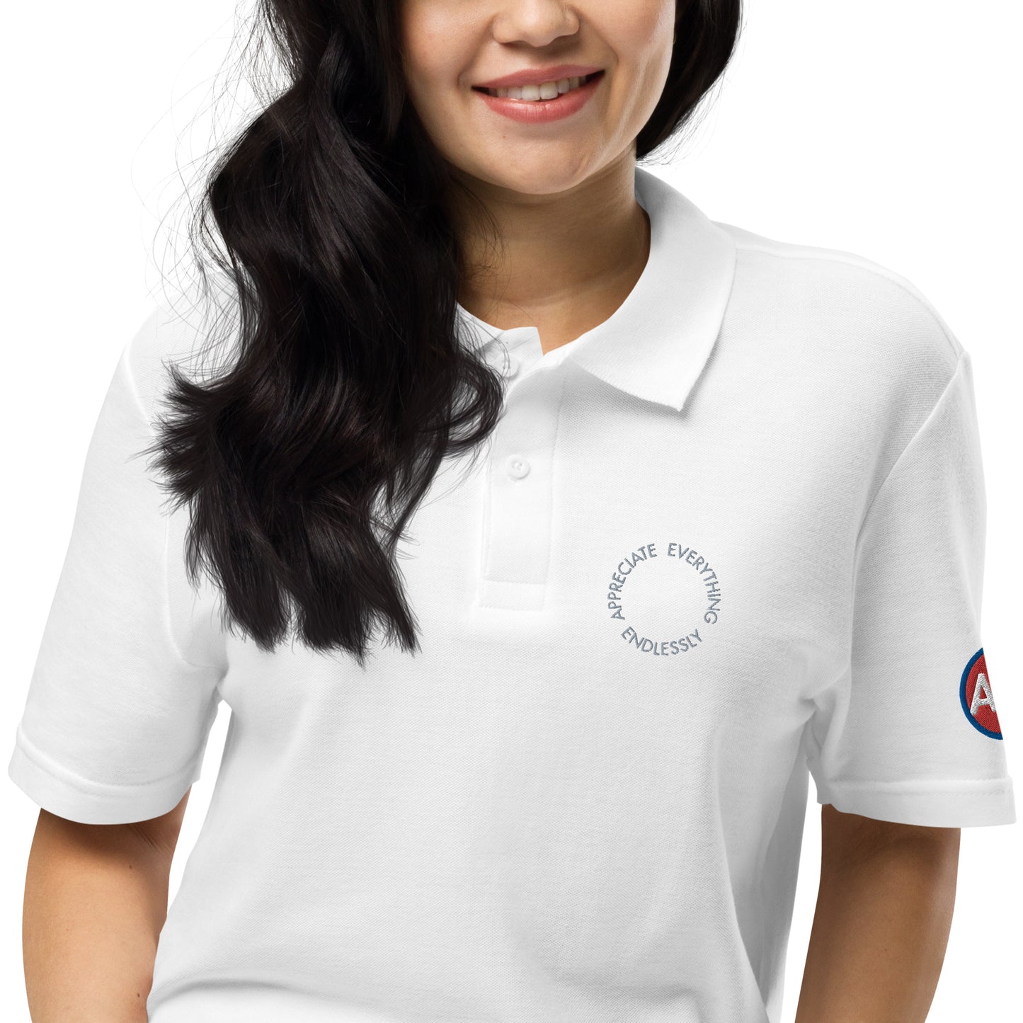 'Appreciate Everything Endlessly' Unisex Pique Polo Shirt, Embroidered